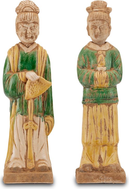 The appearance of Tang Dynasty Palace Servants Set of 2 In Green and Yellow designed by Currey & Company in the traditional interior design. This green and yellow piece of furniture  was selected by 1StopBedrooms from Tang Dynasty Collection to add a touch of cosiness and style into your home. Sku: 1200-0597. Product Type: Sculpture. Material: Terracotta. Image1