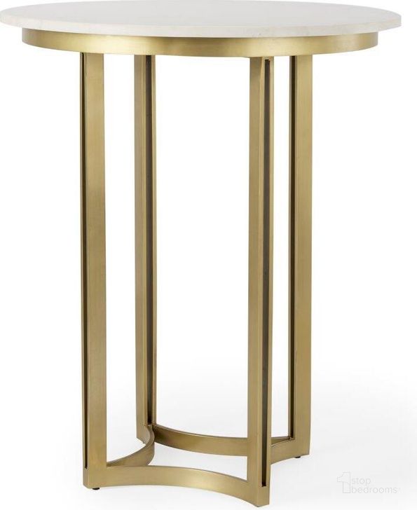 The appearance of Tanner Marble And Gold Metal Bistro Table designed by Mercana in the modern / contemporary interior design. This gold and white piece of furniture  was selected by 1StopBedrooms from Tanner Collection to add a touch of cosiness and style into your home. Sku: 69938-AB. Table Base Style: Pedestal. Table Top Shape: Round. Material: Marble. Product Type: Dining Table. Size: 32". Image1