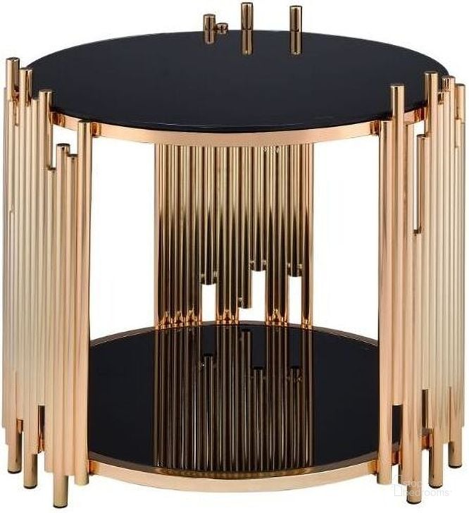The appearance of Tanquin Gold and Black Glass End Table designed by ACME in the modern / contemporary interior design. This gold piece of furniture  was selected by 1StopBedrooms from Tanquin Collection to add a touch of cosiness and style into your home. Sku: 84492ST;84493GL. Material: Glass. Product Type: End Table. Image1