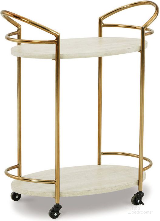 The appearance of Tarica Cream And Gold Bar Cart designed by Signature Design by Ashley in the transitional interior design. This cream/gold piece of furniture  was selected by 1StopBedrooms from Tarica Collection to add a touch of cosiness and style into your home. Sku: A4000502. Material: Glass. Product Type: Bar Cart. Image1