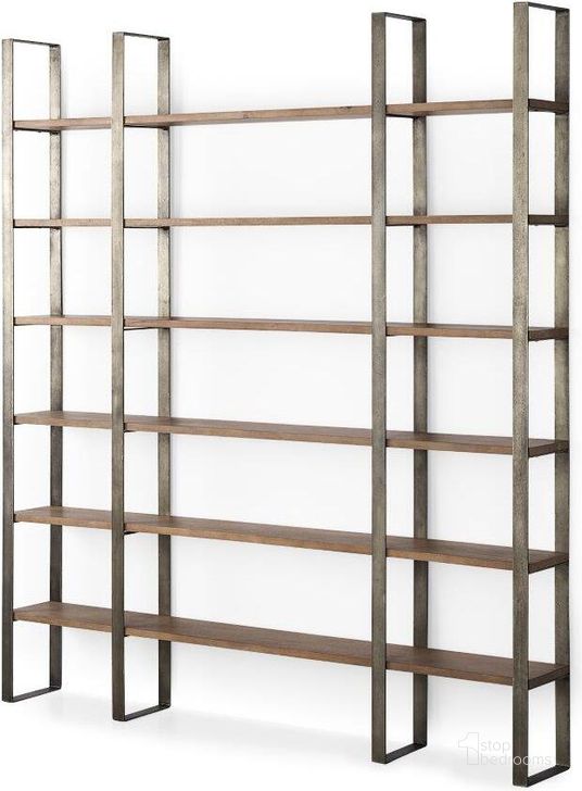 The appearance of Taunton Medium Brown Wood With Antique Nickel Metal Frame 6 Tier Shelving Unit designed by Mercana in the modern / contemporary interior design. This brown piece of furniture  was selected by 1StopBedrooms from Taunton Collection to add a touch of cosiness and style into your home. Sku: 69231-AB. Material: Wood. Product Type: Bookcase. Image1