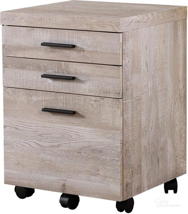 The appearance of Taupe 3 Drawer Filing Cabinet In Reclaimed Wood Castors designed by Monarch Specialties in the modern / contemporary interior design. This taupe piece of furniture  was selected by 1StopBedrooms from  to add a touch of cosiness and style into your home. Sku: I 7402. Product Type: Filing Cabinets and Storage. Material: Plastic. Image1