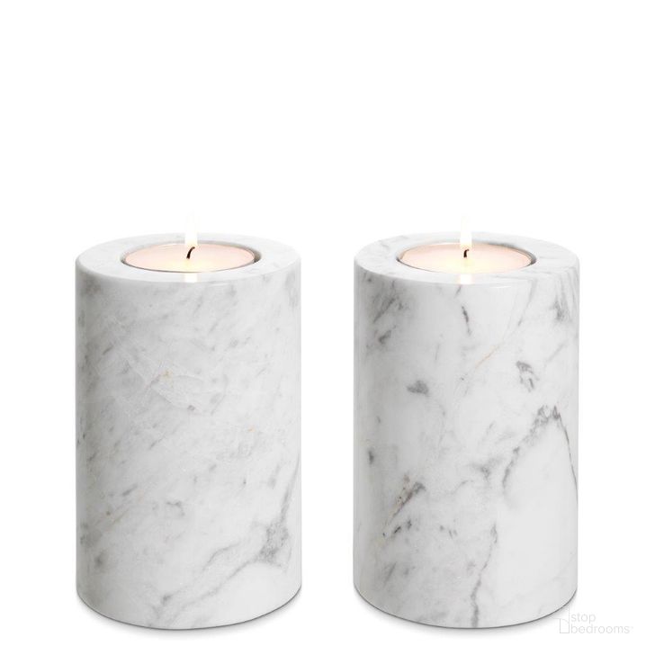 The appearance of Tealight Holder Tobor S White Marble Set Of 2 designed by Eichholtz in the modern / contemporary interior design. This white marble piece of furniture  was selected by 1StopBedrooms from Tobor Collection to add a touch of cosiness and style into your home. Sku: 112685. Material: Marble. Product Type: Candle Holder. Image1