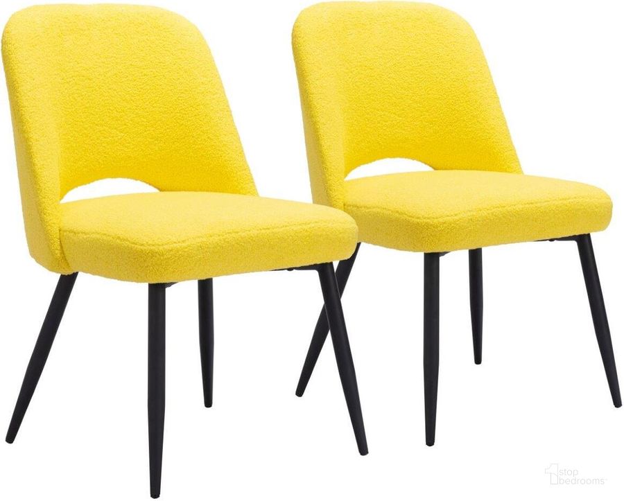 The appearance of Teddy Dining Chair Set Of 2 In Yellow designed by Zuo Modern in the modern / contemporary interior design. This yellow piece of furniture  was selected by 1StopBedrooms from Teddy Collection to add a touch of cosiness and style into your home. Sku: 109330. Product Type: Dining Chair. Material: Plywood. Image1