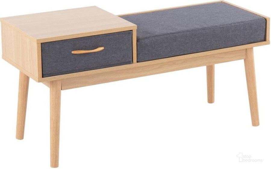 The appearance of Telephone Contemporary Bench In Natural Wood And Grey Fabric With Pull-Out Drawer designed by Lumisource in the modern / contemporary interior design. This natural wood piece of furniture  was selected by 1StopBedrooms from Telephone Collection to add a touch of cosiness and style into your home. Sku: BC-PHONE NAGY. Material: Polyester. Product Type: Bench. Image1