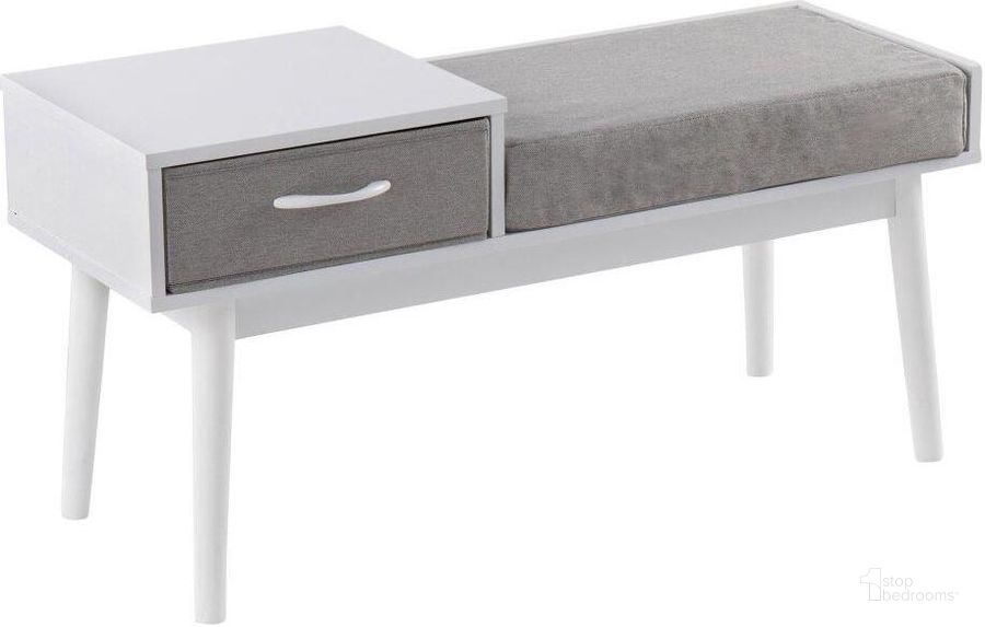 The appearance of Telephone Contemporary Bench In White Wood And Grey Fabric With Pull-Out Drawer designed by Lumisource in the modern / contemporary interior design. This white piece of furniture  was selected by 1StopBedrooms from Telephone Collection to add a touch of cosiness and style into your home. Sku: BC-PHONE WGY. Material: Polyester. Product Type: Bench. Image1