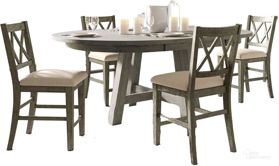 The appearance of Telluride Contemporary Rustic Farmhouse Five Piece Counter Height Dining Table Set With Cross Back Stools In Grey designed by Jofran in the country / farmhouse interior design. This grey piece of furniture  was selected by 1StopBedrooms from Telluride Collection to add a touch of cosiness and style into your home. Sku: 2231-54C-5UXB. Product Type: Dining Room Set. Material: Wood Veneer. Image1