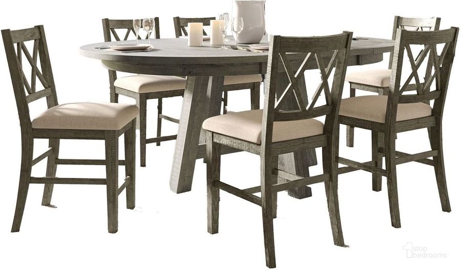 The appearance of Telluride Contemporary Rustic Farmhouse Seven Piece Counter Height Dining Table Set With Cross Back Stools In Grey designed by Jofran in the country / farmhouse interior design. This grey piece of furniture  was selected by 1StopBedrooms from Telluride Collection to add a touch of cosiness and style into your home. Sku: 2231-54C-7UXB. Product Type: Dining Room Set. Material: Wood Veneer. Image1