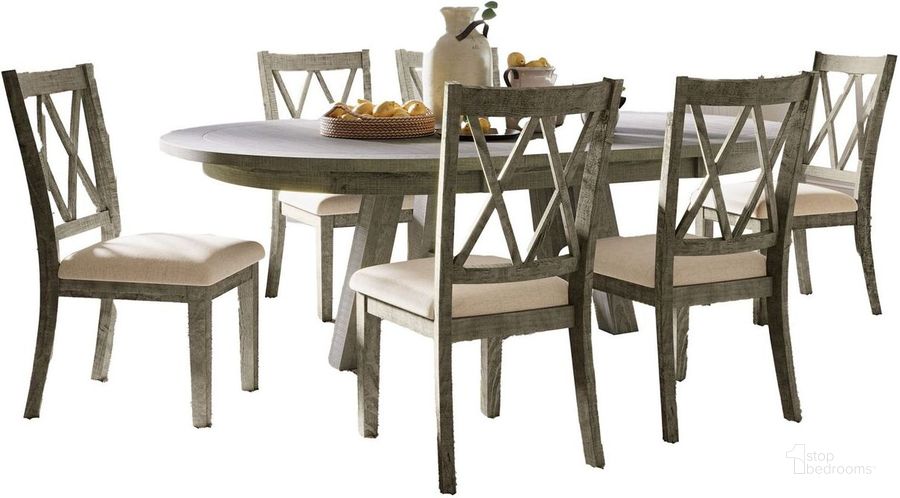 The appearance of Telluride Contemporary Rustic Farmhouse Seven Piece Dining Table Set With Cross Back Chairs In Grey designed by Jofran in the country / farmhouse interior design. This grey piece of furniture  was selected by 1StopBedrooms from Telluride Collection to add a touch of cosiness and style into your home. Sku: 2231-54D-7UXB. Product Type: Dining Room Set. Material: Wood Veneer. Image1