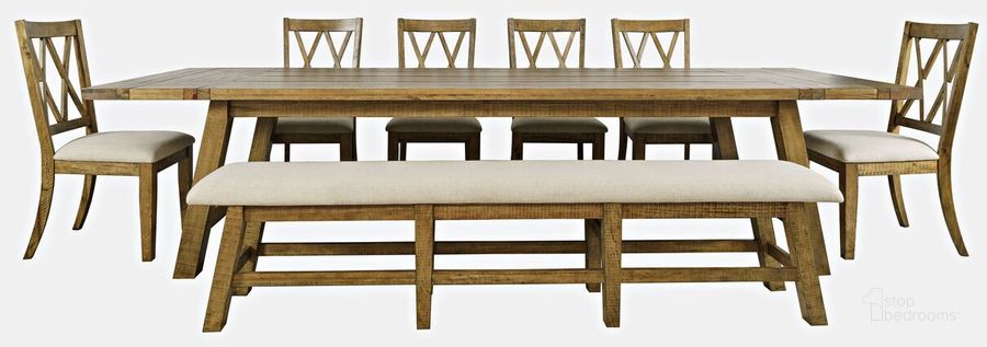 The appearance of Telluride Eight Piece Rustic Distressed Pine 127 Inch Extendable Dining Set With Bench In Gold designed by Jofran in the country / farmhouse interior design. This gold piece of furniture  was selected by 1StopBedrooms from Telluride Collection to add a touch of cosiness and style into your home. Sku: 1801-42D-8X. Product Type: Dining Room Set. Material: Plywood. Image1