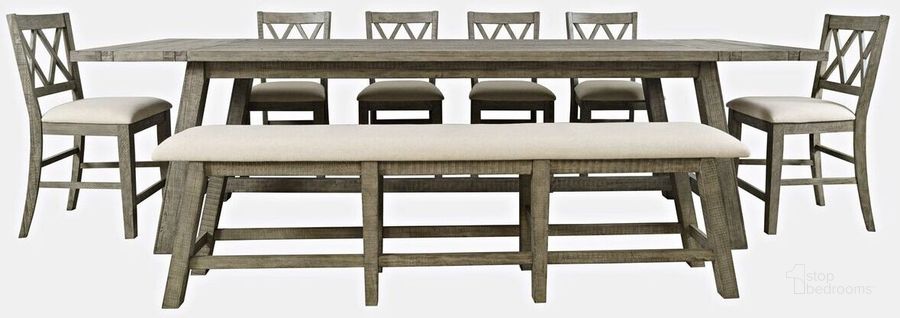 The appearance of Telluride Eight Piece Rustic Distressed Pine 127 Inch Extendable Dining Set With Bench In Grey designed by Jofran in the country / farmhouse interior design. This grey piece of furniture  was selected by 1StopBedrooms from Telluride Collection to add a touch of cosiness and style into your home. Sku: 2231-42D-8X. Product Type: Dining Room Set. Material: Plywood. Image1