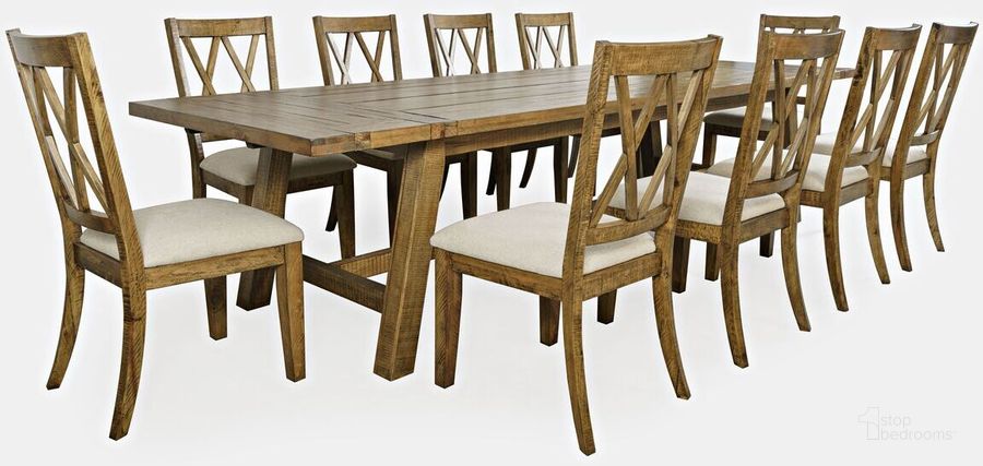 The appearance of Telluride Eleven Piece Rustic Distressed Pine 127 Inch Extendable Dining Set In Gold designed by Jofran in the country / farmhouse interior design. This gold piece of furniture  was selected by 1StopBedrooms from Telluride Collection to add a touch of cosiness and style into your home. Sku: 1801-42D-11X. Product Type: Dining Room Set. Material: Plywood. Image1