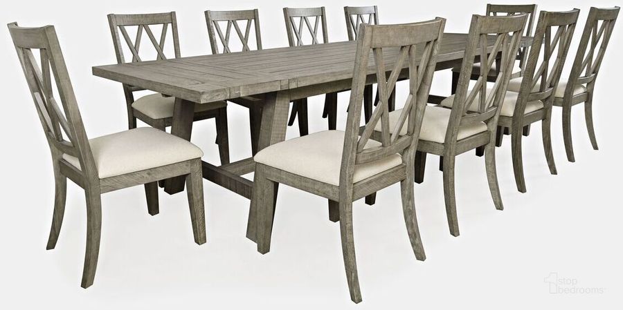 The appearance of Telluride Eleven Piece Rustic Distressed Pine 127 Inch Extendable Dining Set In Grey designed by Jofran in the country / farmhouse interior design. This grey piece of furniture  was selected by 1StopBedrooms from Telluride Collection to add a touch of cosiness and style into your home. Sku: 2231-42D-11X. Product Type: Dining Room Set. Material: Plywood. Image1