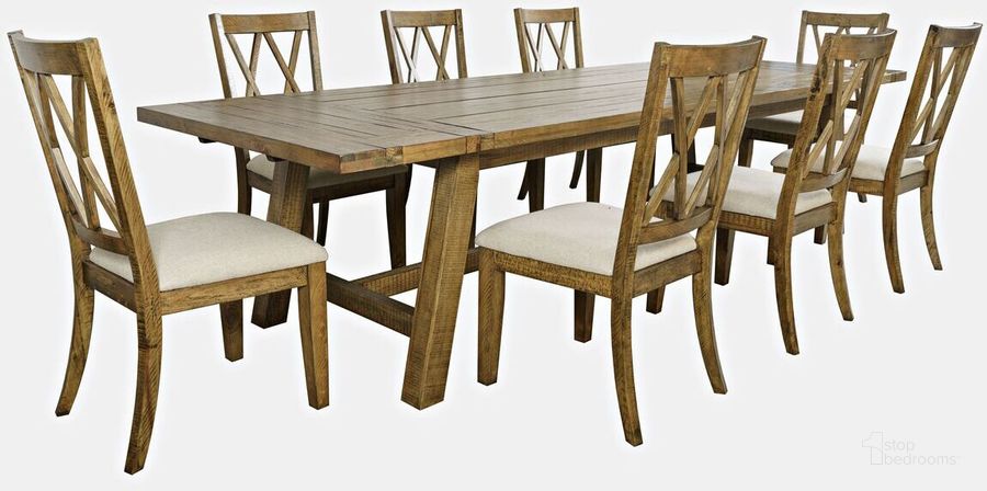 The appearance of Telluride Nine Piece Rustic Distressed Pine 127 Inch Extendable Dining Set In Gold designed by Jofran in the country / farmhouse interior design. This gold piece of furniture  was selected by 1StopBedrooms from Telluride Collection to add a touch of cosiness and style into your home. Sku: 1801-42D-9X. Product Type: Dining Room Set. Material: Plywood. Image1