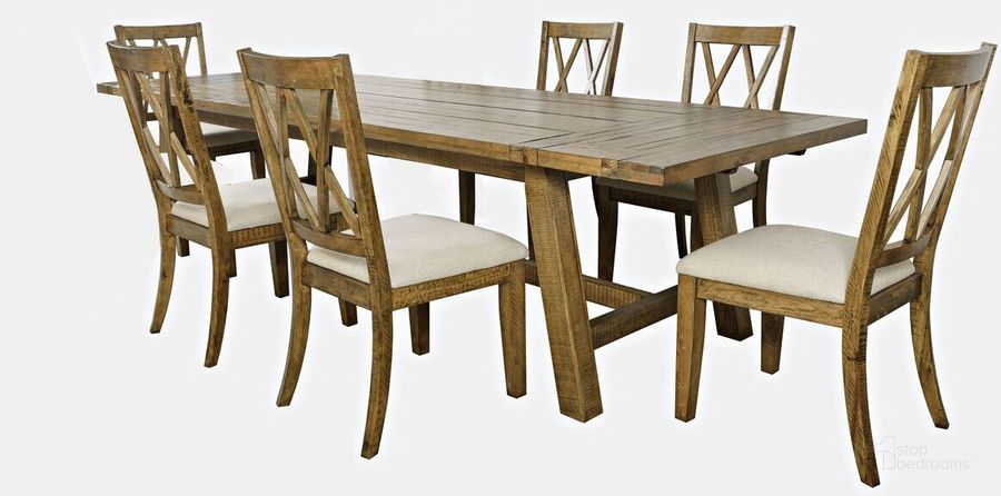 The appearance of Telluride Seven Piece Rustic Distressed Pine 127 Inch Extendable Dining Set In Gold designed by Jofran in the country / farmhouse interior design. This gold piece of furniture  was selected by 1StopBedrooms from Telluride Collection to add a touch of cosiness and style into your home. Sku: 1801-42D-7X. Product Type: Dining Room Set. Material: Plywood. Image1