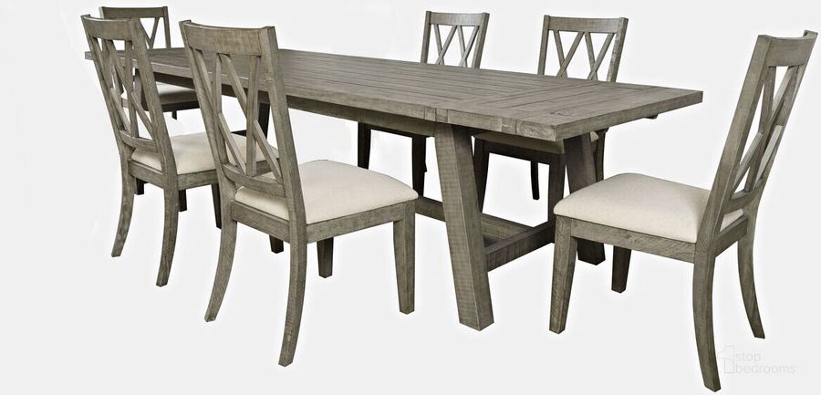 The appearance of Telluride Seven Piece Rustic Distressed Pine 127 Inch Extendable Dining Set In Grey designed by Jofran in the country / farmhouse interior design. This grey piece of furniture  was selected by 1StopBedrooms from Telluride Collection to add a touch of cosiness and style into your home. Sku: 2231-42D-7X. Product Type: Dining Room Set. Material: Plywood. Image1