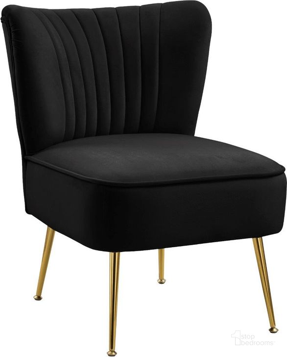 The appearance of Tess Black Velvet Accent Chair designed by Meridian in the modern / contemporary interior design. This black velvet piece of furniture  was selected by 1StopBedrooms from Tess Collection to add a touch of cosiness and style into your home. Sku: 504Black. Product Type: Accent Chair. Material: Velvet. Image1