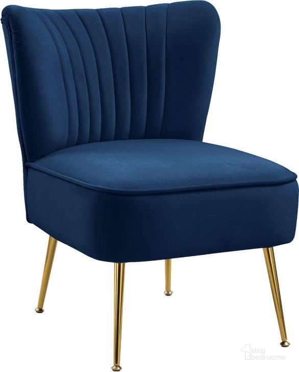 The appearance of Tess Navy Velvet Accent Chair designed by Meridian in the modern / contemporary interior design. This navy velvet piece of furniture  was selected by 1StopBedrooms from Tess Collection to add a touch of cosiness and style into your home. Sku: 504Navy. Product Type: Accent Chair. Material: Velvet. Image1