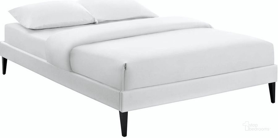 The appearance of Tessie Full Vinyl Bed Frame With Squared Tapered Legs In White designed by Modway in the modern / contemporary interior design. This white piece of furniture  was selected by 1StopBedrooms from Tessie Collection to add a touch of cosiness and style into your home. Sku: MOD-5896-WHI. Product Type: Bed Frame. Bed Size: Full. Material: MDF. Image1