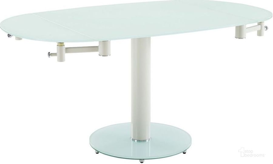 The appearance of Thao White Matte Extendable Dining Table designed by Casabianca Home in the modern / contemporary interior design. This white piece of furniture  was selected by 1StopBedrooms from Thao Collection to add a touch of cosiness and style into your home. Sku: CB-T030-WH. Table Base Style: Pedestal. Table Top Shape: Oval. Product Type: Dining Table. Material: Stainless Steel. Image1