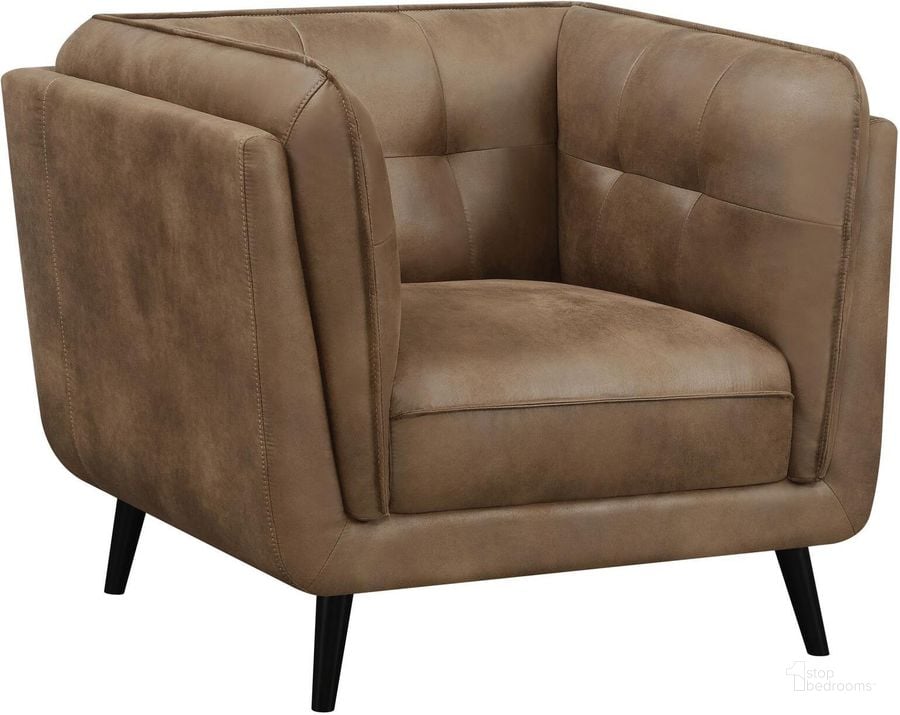 The appearance of Thatcher Upholstered Button Tufted Chair Brown designed by Coaster in the modern / contemporary interior design. This brown piece of furniture  was selected by 1StopBedrooms from Thatcher Collection to add a touch of cosiness and style into your home. Sku: 509423. Material: Wood. Product Type: Accent Chair. Image1