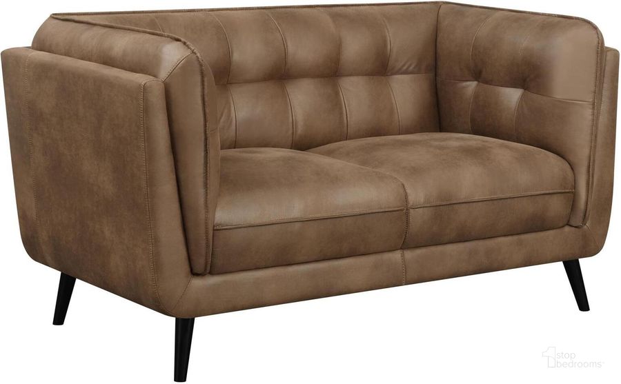 The appearance of Thatcher Upholstered Button Tufted Loveseat Brown designed by Coaster in the transitional interior design. This brown piece of furniture  was selected by 1StopBedrooms from Thatcher Collection to add a touch of cosiness and style into your home. Sku: 509422. Material: Wood. Product Type: Loveseat. Image1