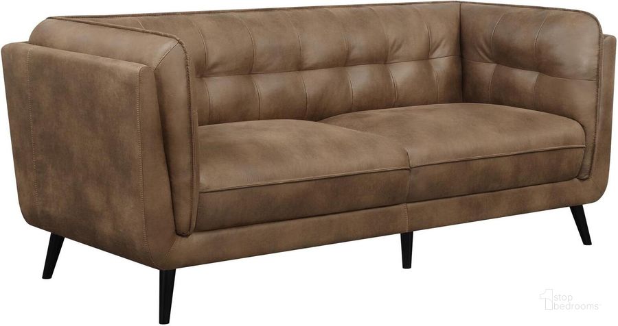The appearance of Thatcher Upholstered Button Tufted Sofa Brown designed by Coaster in the modern / contemporary interior design. This brown piece of furniture  was selected by 1StopBedrooms from Thatcher Collection to add a touch of cosiness and style into your home. Sku: 509421. Material: Wood. Product Type: Sofa. Image1