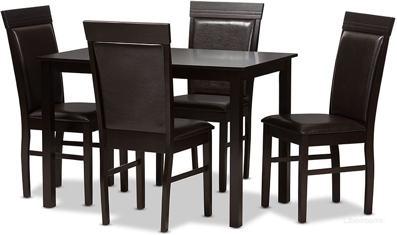 The appearance of Thea Modern And Contemporary Dark Brown Faux Leather Upholstered 5-Piece Dining Set designed by Baxton Studio in the modern / contemporary interior design. This dark brown piece of furniture  was selected by 1StopBedrooms from Thea Collection to add a touch of cosiness and style into your home. Sku: RH131C-Dark Brown Dining Set. Product Type: Dining Room Set. Material: Rubberwood. Image1