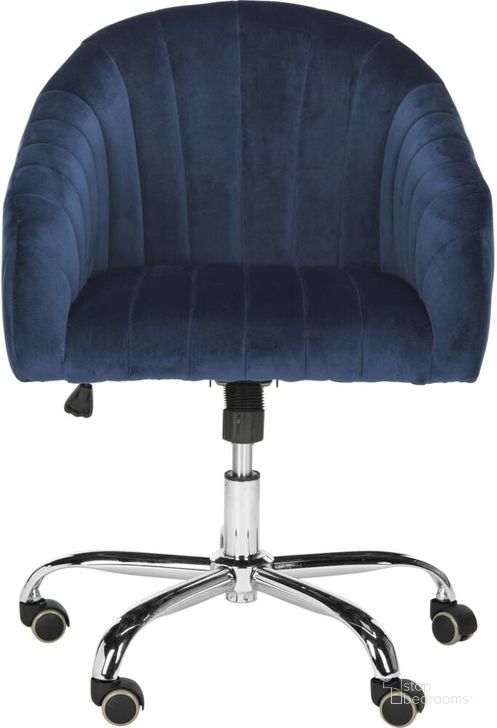 The appearance of Themis Navy Velvet Chrome Leg Swivel Office Chair designed by Safavieh in the transitional interior design. This navy piece of furniture  was selected by 1StopBedrooms from Themis Collection to add a touch of cosiness and style into your home. Sku: OCH4503B. Product Type: Office Chair. Material: Iron. Image1