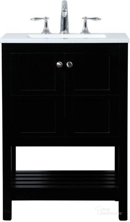 The appearance of Theo 24 Inch Single Bathroom Vanity In Black designed by Elegant Lighting in the modern / contemporary interior design. This black piece of furniture  was selected by 1StopBedrooms from Theo Collection to add a touch of cosiness and style into your home. Sku: VF16424BK. Material: MDF. Product Type: Bathroom Vanity. Image1