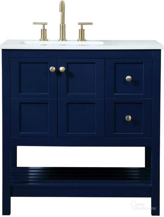 The appearance of Theo 32 Inch Single Bathroom Vanity In Blue designed by Elegant Lighting in the modern / contemporary interior design. This blue piece of furniture  was selected by 1StopBedrooms from Theo Collection to add a touch of cosiness and style into your home. Sku: VF16432BL. Material: MDF. Product Type: Bathroom Vanity. Image1