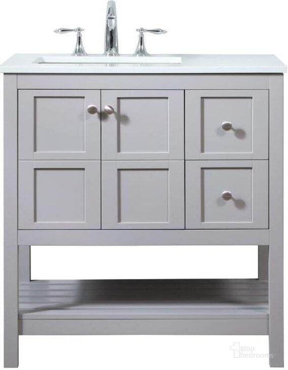 The appearance of Theo 32 Inch Single Bathroom Vanity In Grey designed by Elegant Lighting in the modern / contemporary interior design. This grey piece of furniture  was selected by 1StopBedrooms from Theo Collection to add a touch of cosiness and style into your home. Sku: VF16432GR. Material: MDF. Product Type: Bathroom Vanity. Image1