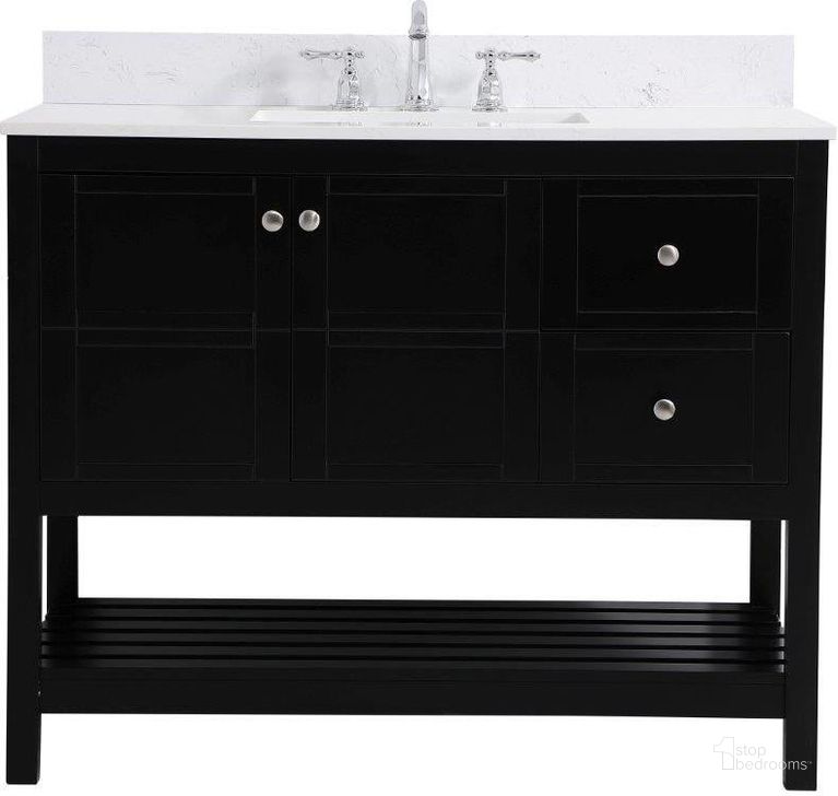 The appearance of Theo 42 Inch Single Bathroom Vanity In Black With Backsplash designed by Elegant Lighting in the traditional interior design. This black piece of furniture  was selected by 1StopBedrooms from Theo Collection to add a touch of cosiness and style into your home. Sku: VF16442BK-BS. Material: Wood. Product Type: Bathroom Vanity. Image1
