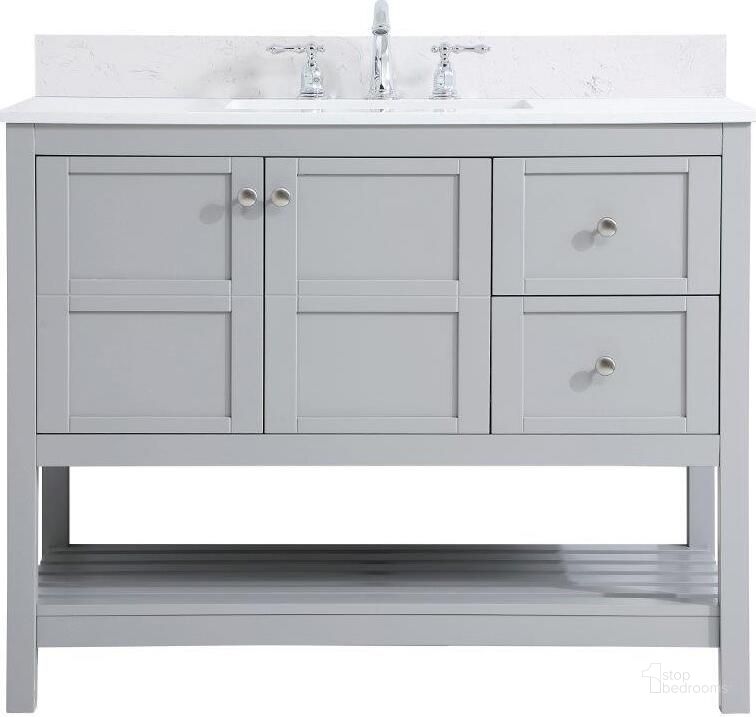 The appearance of Theo 42 Inch Single Bathroom Vanity In Gray With Backsplash designed by Elegant Lighting in the traditional interior design. This gray piece of furniture  was selected by 1StopBedrooms from Theo Collection to add a touch of cosiness and style into your home. Sku: VF16442GR-BS. Material: Wood. Product Type: Bathroom Vanity. Image1