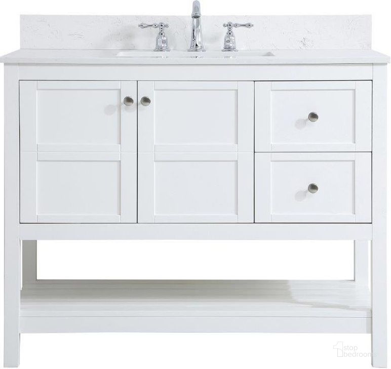 The appearance of Theo 42 Inch Single Bathroom Vanity In White With Backsplash designed by Elegant Lighting in the traditional interior design. This white piece of furniture  was selected by 1StopBedrooms from Theo Collection to add a touch of cosiness and style into your home. Sku: VF16442WH-BS. Material: Wood. Product Type: Bathroom Vanity. Image1