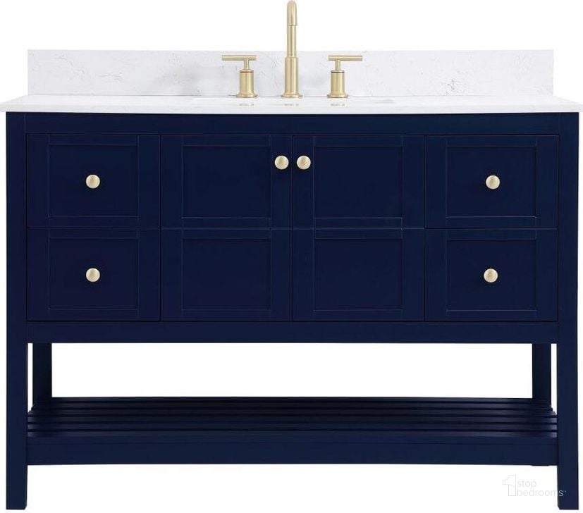 The appearance of Theo 48 Inch Single Bathroom Vanity In Blue With Backsplash designed by Elegant Lighting in the traditional interior design. This blue piece of furniture  was selected by 1StopBedrooms from Theo Collection to add a touch of cosiness and style into your home. Sku: VF16448BL-BS. Material: Wood. Product Type: Bathroom Vanity. Image1