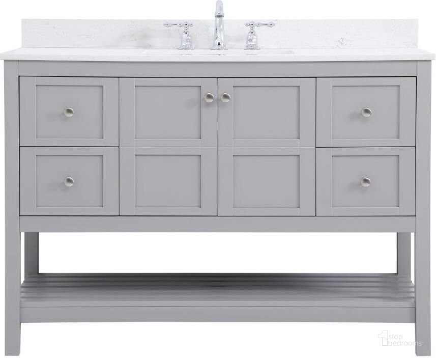 The appearance of Theo 48 Inch Single Bathroom Vanity In Gray With Backsplash designed by Elegant Lighting in the traditional interior design. This gray piece of furniture  was selected by 1StopBedrooms from Theo Collection to add a touch of cosiness and style into your home. Sku: VF16448GR-BS. Material: Wood. Product Type: Bathroom Vanity. Image1