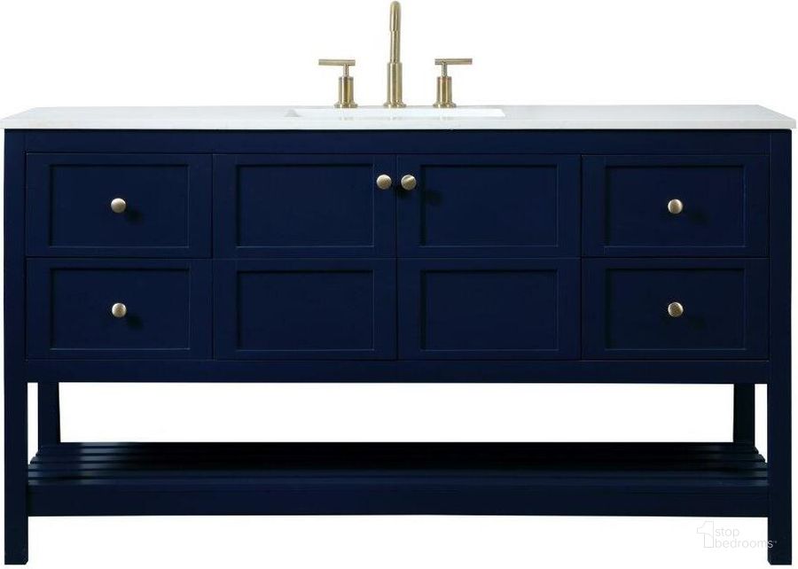 The appearance of Theo 60 Inch Single Bathroom Vanity In Blue VF16460BL designed by Elegant Lighting in the modern / contemporary interior design. This blue piece of furniture  was selected by 1StopBedrooms from Theo Collection to add a touch of cosiness and style into your home. Sku: VF16460BL. Material: MDF. Product Type: Bathroom Vanity. Image1