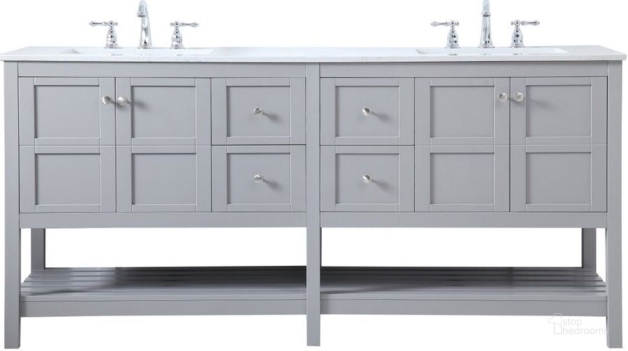 The appearance of Theo 72 Inch Double Bathroom Vanity In Gray designed by Elegant Lighting in the traditional interior design. This gray piece of furniture  was selected by 1StopBedrooms from Theo Collection to add a touch of cosiness and style into your home. Sku: VF16472DGR. Material: Wood. Product Type: Bathroom Vanity. Image1