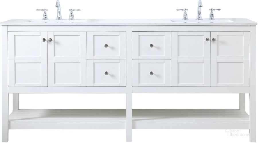 The appearance of Theo 72 Inch Double Bathroom Vanity In White designed by Elegant Lighting in the traditional interior design. This white piece of furniture  was selected by 1StopBedrooms from Theo Collection to add a touch of cosiness and style into your home. Sku: VF16472DWH. Material: Wood. Product Type: Bathroom Vanity. Image1