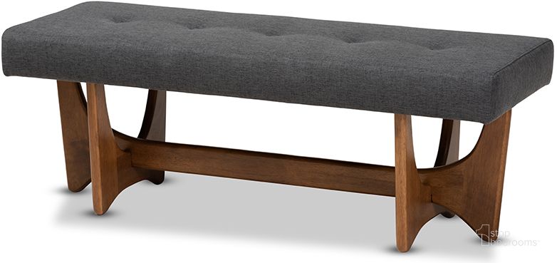 The appearance of Theo Mid-Century Modern Dark Grey Fabric Upholstered Walnut Finished Bench designed by Baxton Studio in the modern / contemporary interior design. This dark gray piece of furniture  was selected by 1StopBedrooms from Theo Collection to add a touch of cosiness and style into your home. Sku: BBT5368-Dark Grey/Walnut-Bench. Product Type: Bench. Material: MDF. Image1