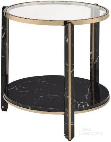 The appearance of Thistle End Table In Clear Glass, Faux Black Marble Top And Champagne designed by ACME in the modern / contemporary interior design. This champagne piece of furniture  was selected by 1StopBedrooms from Thistle Collection to add a touch of cosiness and style into your home. Sku: 83307. Material: Wood. Product Type: End Table. Image1