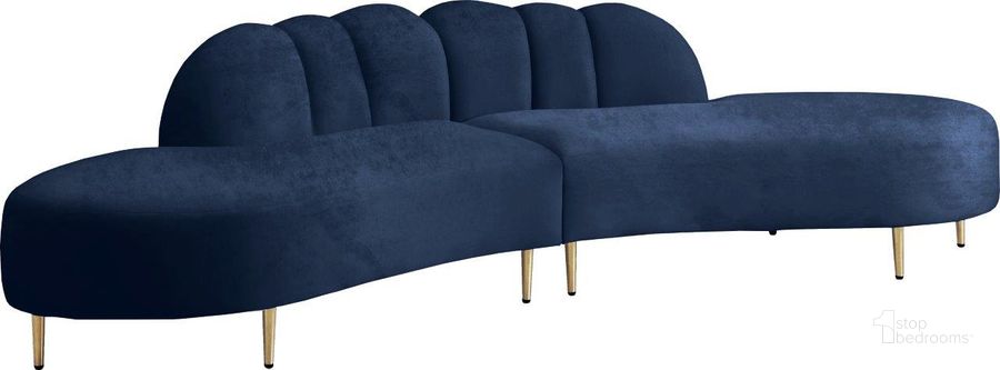 The appearance of Thomaso Navy Velvet Sectional designed by Furnique in the modern / contemporary interior design. This navy velvet piece of furniture  was selected by 1StopBedrooms from Thomaso Collection to add a touch of cosiness and style into your home. Sku: 618Navy-Sectional-1;618Navy-Sectional-2. Product Type: Sectional. Material: Velvet. Layout: Curved. Image1