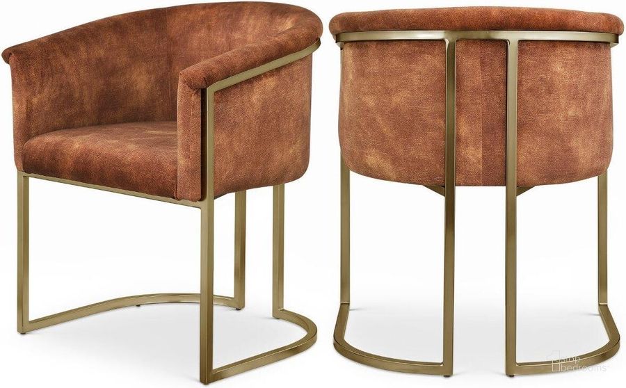 The appearance of Tierra Cognac Velvet Dining Chair designed by Meridian in the modern / contemporary interior design. This cognac velvet piece of furniture  was selected by 1StopBedrooms from Tierra Collection to add a touch of cosiness and style into your home. Sku: 758Cognac-C. Product Type: Dining Chair. Material: Velvet. Image1