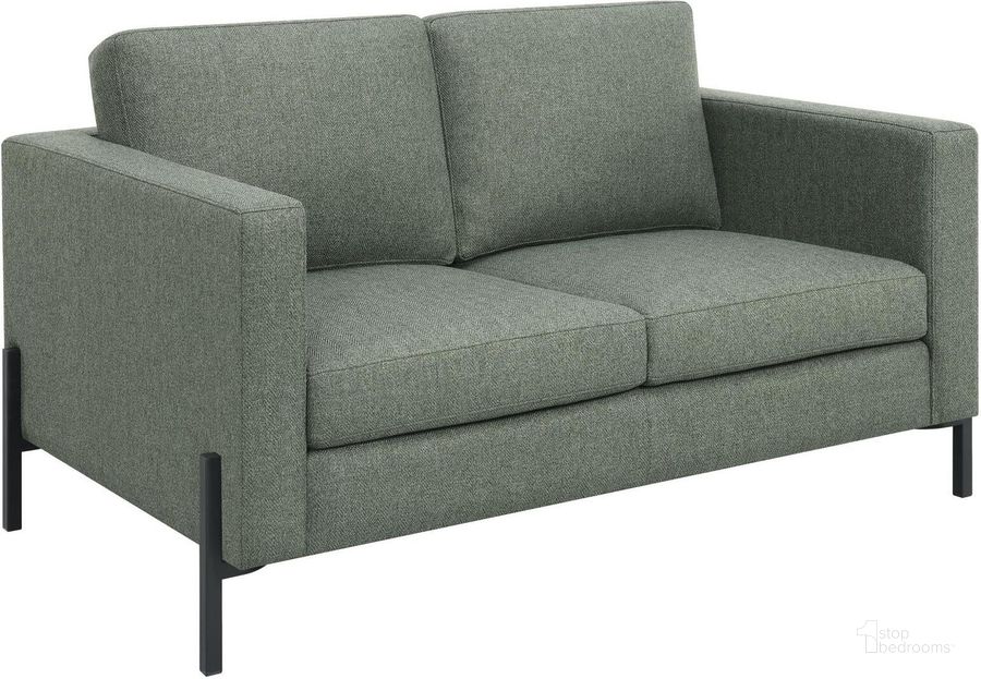 The appearance of Tilly Upholstered Track Arms Loveseat In Sage designed by Coaster in the transitional interior design. This sage piece of furniture  was selected by 1StopBedrooms from Tilly Collection to add a touch of cosiness and style into your home. Sku: 509905. Material: Upholstered. Product Type: Loveseat. Image1