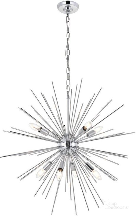 The appearance of Timber 8 Light Chrome Pendant LD5051D30C designed by Elegant Lighting in the transitional interior design. This chrome piece of furniture  was selected by 1StopBedrooms from Timber Collection to add a touch of cosiness and style into your home. Sku: LD5051D30C. Product Type: Pendant Lighting. Material: Iron. Image1