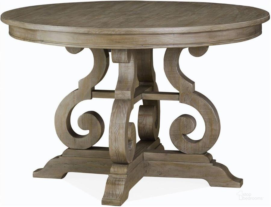 The appearance of Tinley Park Dove Tail Grey 48 Inch Round Dining Table designed by Magnussen in the transitional interior design. This brown piece of furniture  was selected by 1StopBedrooms from Tinley Park Collection to add a touch of cosiness and style into your home. Sku: D4646-22T;D4646-22B. Table Base Style: Trestle. Table Top Shape: Round. Product Type: Dining Table. Image1