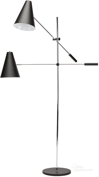 The appearance of Tivat Black Metal 2 Shade Floor Lamp designed by Nuevo in the modern / contemporary interior design. This black piece of furniture  was selected by 1StopBedrooms from Tivat Collection to add a touch of cosiness and style into your home. Sku: HGRA390. Material: Metal. Product Type: Floor Lamp. Image1