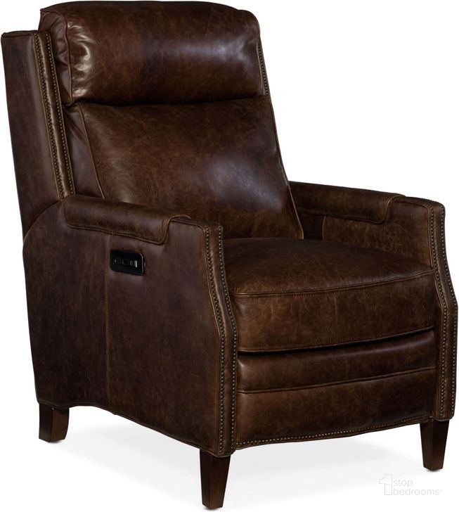The appearance of Regale Rock and Roll Allman Leather Power Recliner With Power Headrest designed by Hooker in the transitional interior design. This brown piece of furniture  was selected by 1StopBedrooms from Regale Collection to add a touch of cosiness and style into your home. Sku: RC411-PWR-088. Material: Leather. Product Type: Recliner. Image1