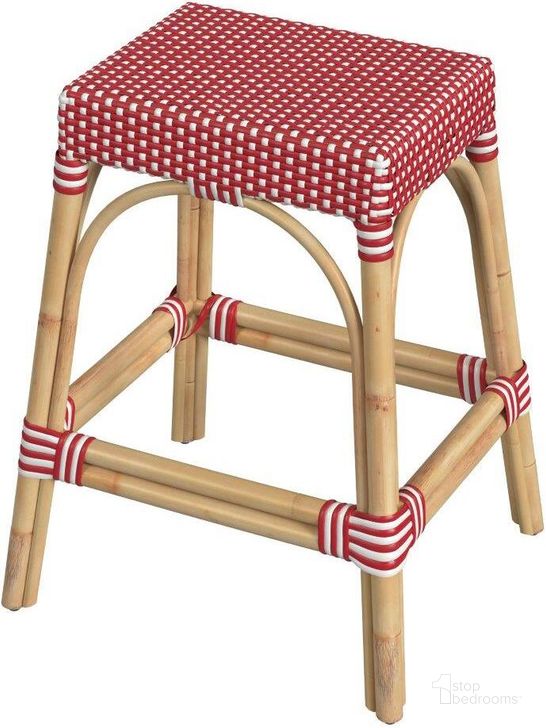 The appearance of Tobias 24.5 Inch Rattan Red And White Counter Stool designed by Butler Specialty Company in the transitional interior design. This red and white piece of furniture  was selected by 1StopBedrooms from Tobias Collection to add a touch of cosiness and style into your home. Sku: 5513430. Material: Rattan. Product Type: Barstool. Image1